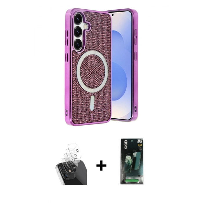 MARSİLYAN™- Galaxy S24 Kılıf Eksen Çizgi - Siyah 360 Mat Full Body Arka Koruyucu + Kamera Lens Koruma Cam - SF
