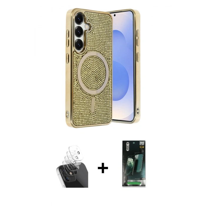 MARSİLYAN™- Galaxy S24 Kılıf Eksen Çizgi - Siyah 360 Mat Full Body Arka Koruyucu + Kamera Lens Koruma Cam - SF