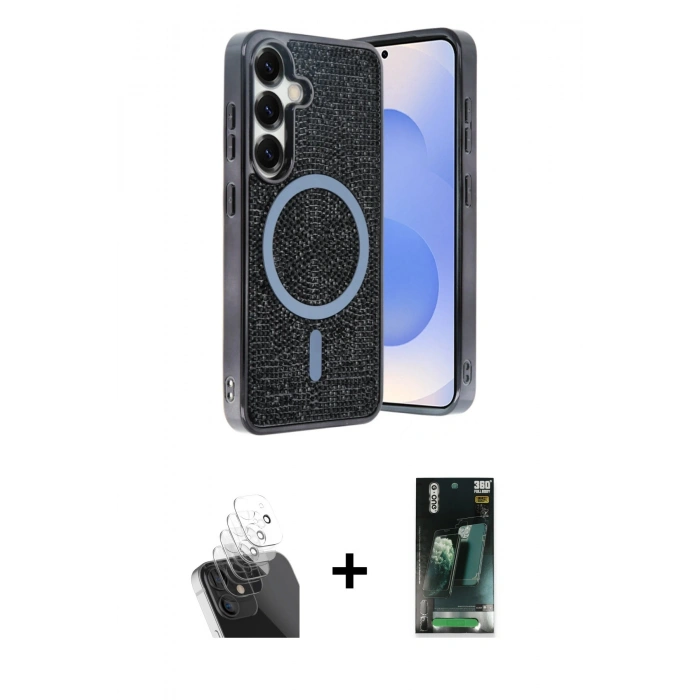 MARSİLYAN™- Galaxy S24 Kılıf Eksen Çizgi - Siyah 360 Mat Full Body Arka Koruyucu + Kamera Lens Koruma Cam - SF