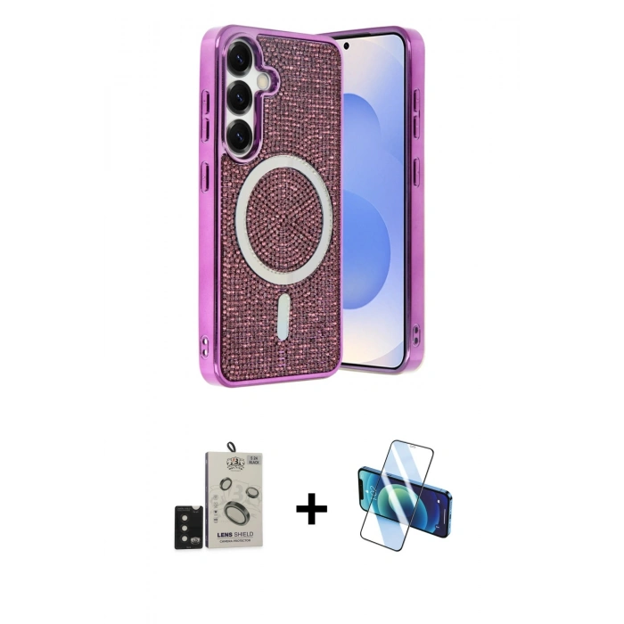 MARSİLYAN™- Galaxy S24 Kılıf Eksen Çizgi - Siyah 3D Antistatik Cam Ekran Koruyucu + Bilvis Titan Kamera Lens - SH