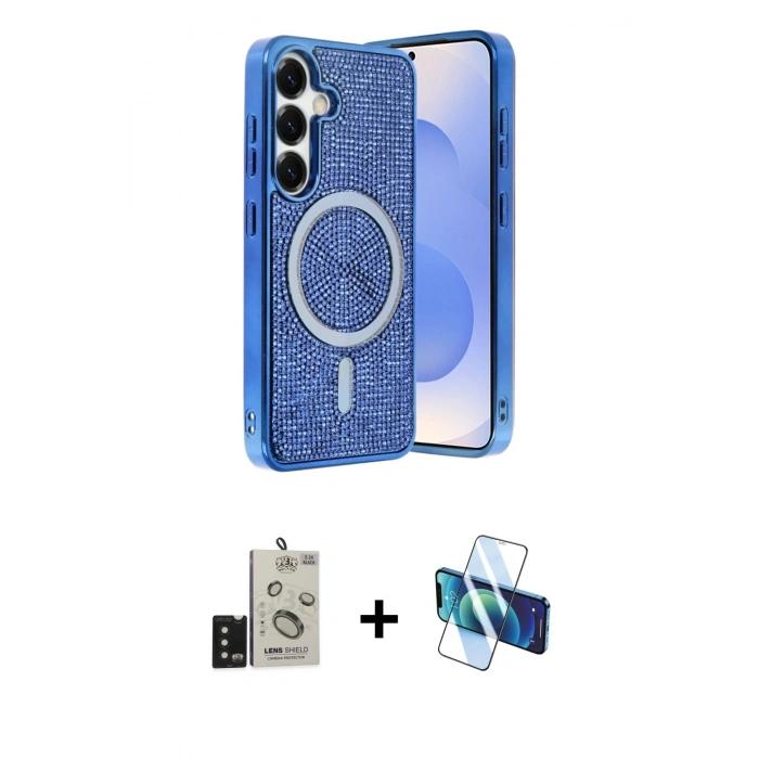 MARSİLYAN™- Galaxy S24 Kılıf Eksen Çizgi - Siyah 3D Antistatik Cam Ekran Koruyucu + Bilvis Titan Kamera Lens - SH