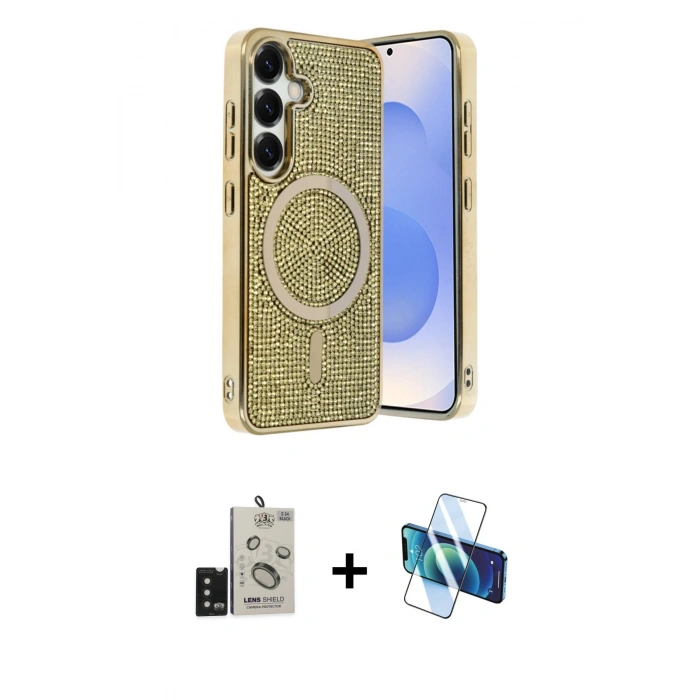MARSİLYAN™- Galaxy S24 Kılıf Eksen Çizgi - Siyah 3D Antistatik Cam Ekran Koruyucu + Bilvis Titan Kamera Lens - SH