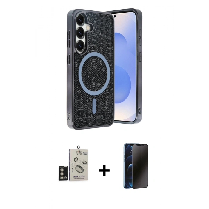 MARSİLYAN™- Galaxy S24 Kılıf Eksen Çizgi - Siyah 3D Antistatik Hayalet Cam Ekran Koruyucu + Bilvis Titan Kamera Lens - GD