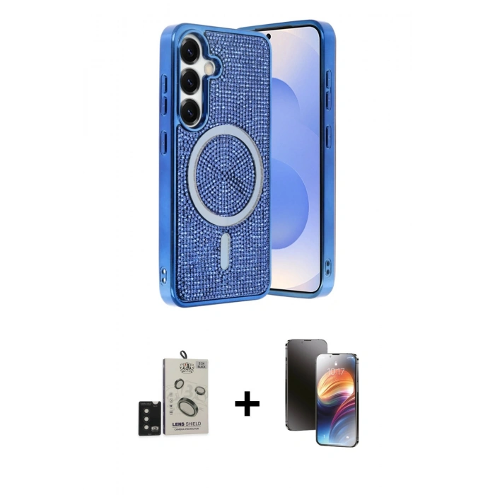 MARSİLYAN™- Galaxy S24 Kılıf Eksen Çizgi - Siyah 3D Antistatik Mat Seramik Nano Ekran Koruyucu + Bilvis Titan Kamera Lens - SH