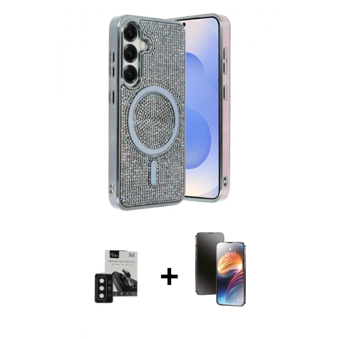 MARSİLYAN™- Galaxy S24 Kılıf Eksen Çizgi - Siyah 3D Antistatik Mat Seramik Nano Ekran Koruyucu + PVD Metal Kamera Lens - SH