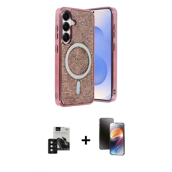 MARSİLYAN™- Galaxy S24 Kılıf Eksen Çizgi - Siyah 3D Antistatik Mat Seramik Nano Ekran Koruyucu + PVD Metal Kamera Lens - SH