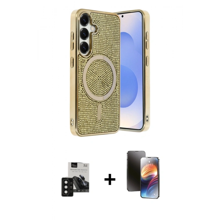 MARSİLYAN™- Galaxy S24 Kılıf Eksen Çizgi - Siyah 3D Antistatik Mat Seramik Nano Ekran Koruyucu + PVD Metal Kamera Lens - SH