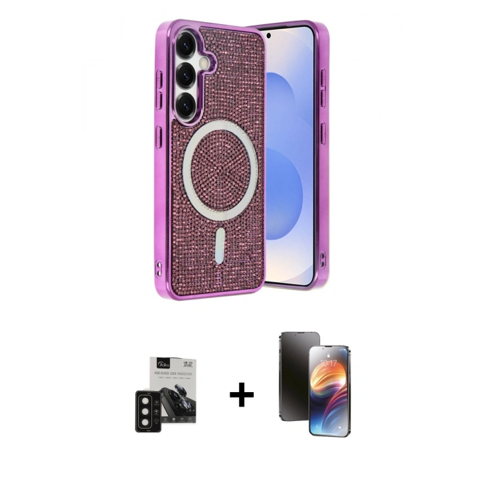 MARSİLYAN™- Galaxy S24 Kılıf Eksen Çizgi - Siyah 3D Antistatik Mat Seramik Nano Ekran Koruyucu + PVD Metal Kamera Lens - SH