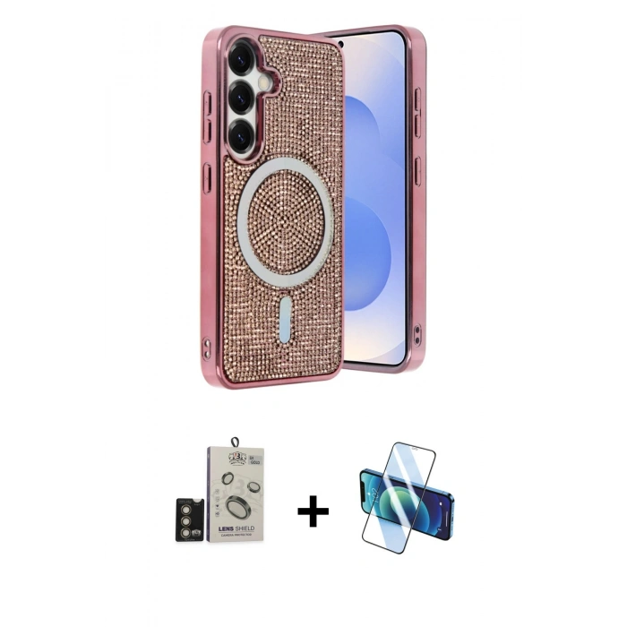 MARSİLYAN™- Galaxy S24 Kılıf Eksen Çizgi - Siyah 3D Antistatik Seramik Nano Ekran Koruyucu + Bilvis Titan Kamera Lens - GD
