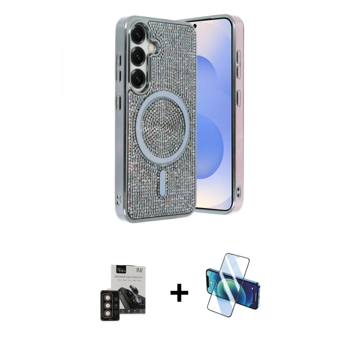 MARSİLYAN™- Galaxy S24 Kılıf Eksen Çizgi - Siyah 3D Antistatik Seramik Nano Ekran Koruyucu + PVD Metal Kamera Lens - GD