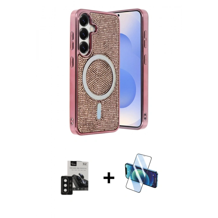 MARSİLYAN™- Galaxy S24 Kılıf Eksen Çizgi - Siyah 3D Antistatik Seramik Nano Ekran Koruyucu + PVD Metal Kamera Lens - SH