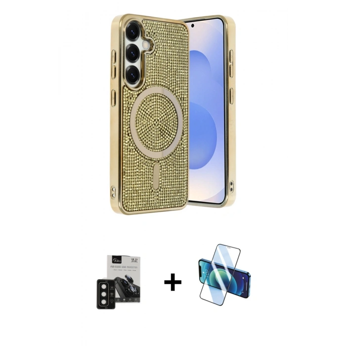 MARSİLYAN™- Galaxy S24 Kılıf Eksen Çizgi - Siyah 3D Antistatik Seramik Nano Ekran Koruyucu + PVD Metal Kamera Lens - SH