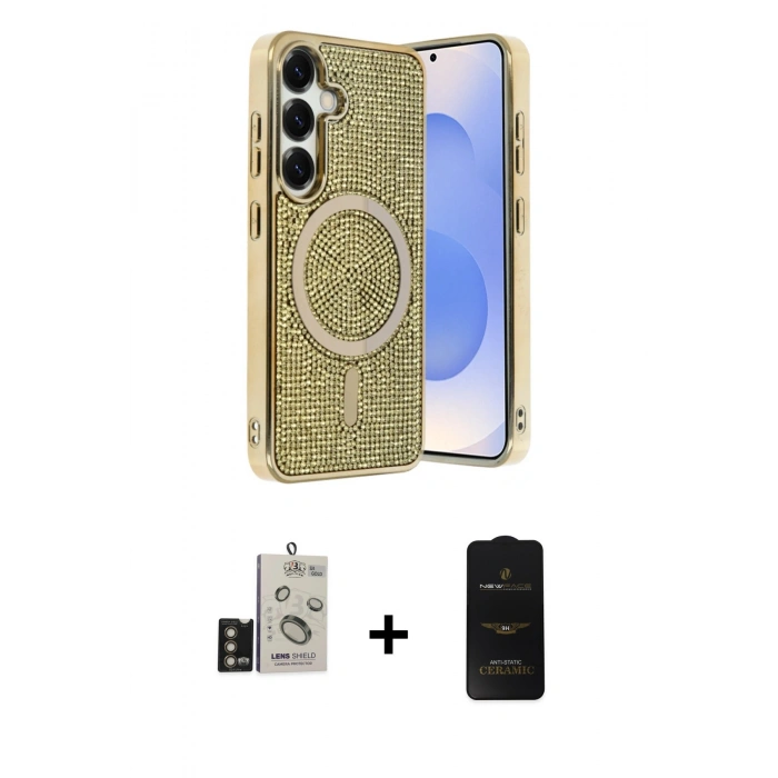 MARSİLYAN™- Galaxy S24 Kılıf Eksen Çizgi - Siyah 6D Antistatik Mat Seramik Hayalet Nano Ekran Koruyucu + Bilvis Titan Kamera Lens - GD