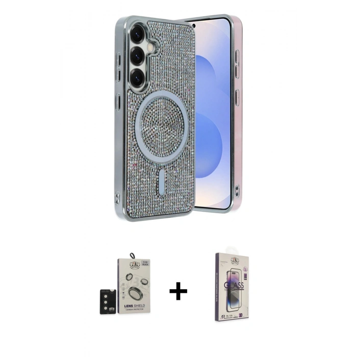 MARSİLYAN™- Galaxy S24 Kılıf Eksen Çizgi - Siyah Bilvis 3D Cam Ekran Koruyucu + Bilvis Titan Kamera Lens - SH