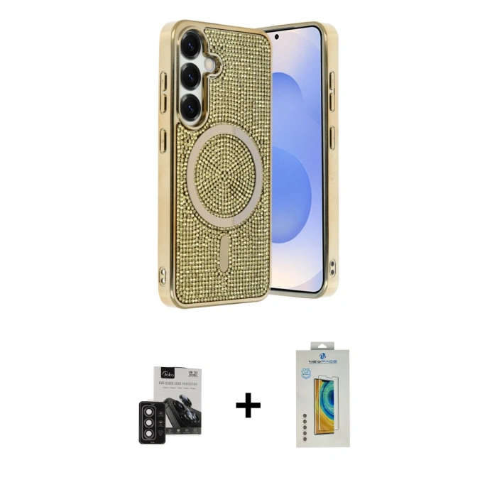 MARSİLYAN™- Galaxy S24 Kılıf Eksen Çizgi - Siyah Polymer Nano Ekran Koruyucu + PVD Metal Kamera Lens - DNMR