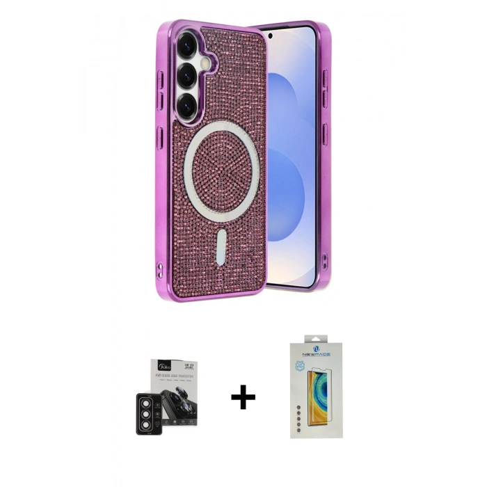 MARSİLYAN™- Galaxy S24 Kılıf Eksen Çizgi - Siyah Polymer Nano Ekran Koruyucu + PVD Metal Kamera Lens - DNMR