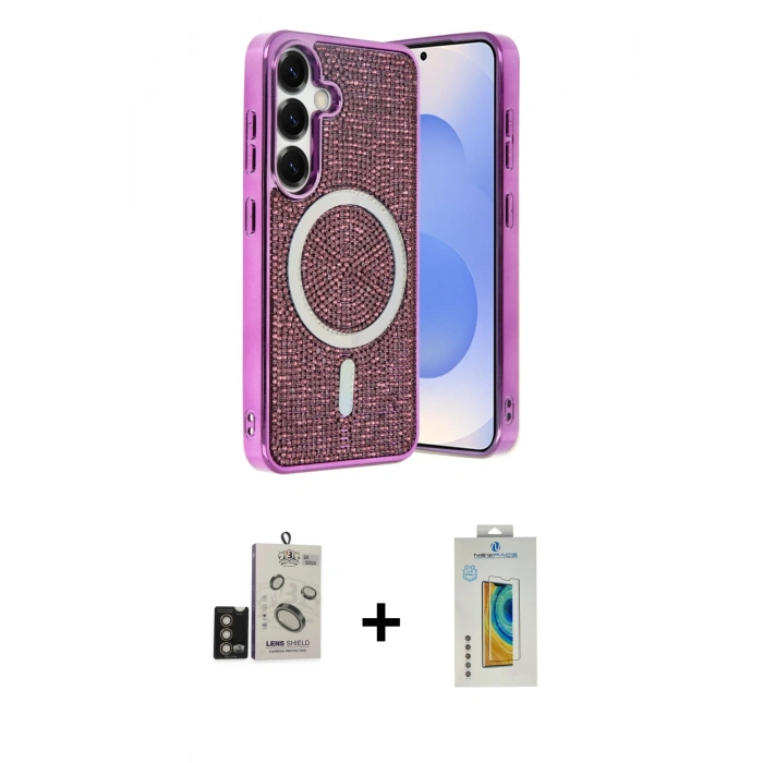 MARSİLYAN™- Galaxy S24 Kılıf Eksen Çizgi - Siyah Polymer Nano Ekran Koruyucu + Bilvis Titan Kamera Lens - GD