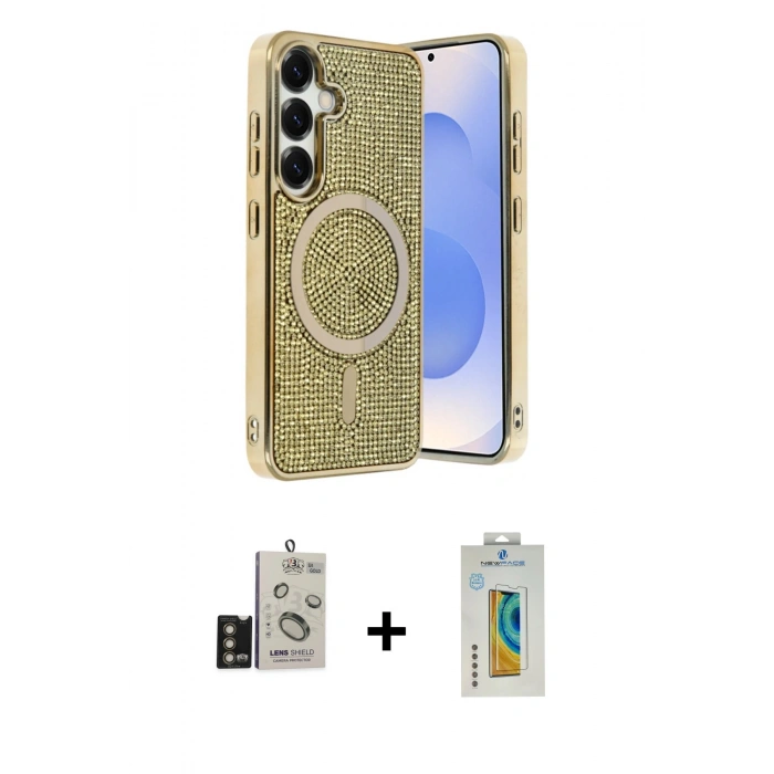 MARSİLYAN™- Galaxy S24 Kılıf Eksen Çizgi - Siyah Polymer Nano Ekran Koruyucu + Bilvis Titan Kamera Lens - GD