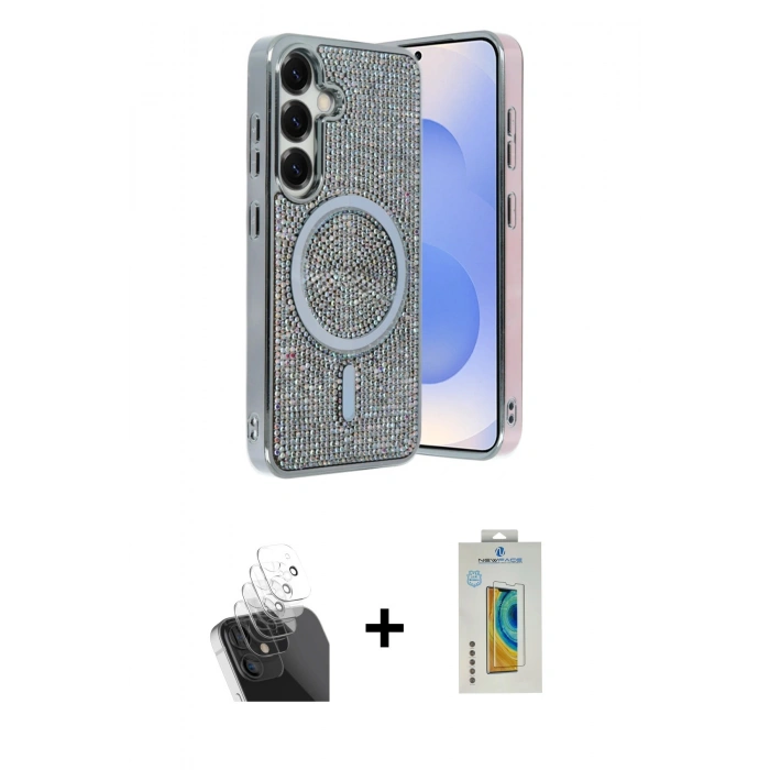 MARSİLYAN™- Galaxy S24 Kılıf Eksen Çizgi - Siyah Polymer Nano Ekran Koruyucu + Kamera Lens Koruma Cam - SF