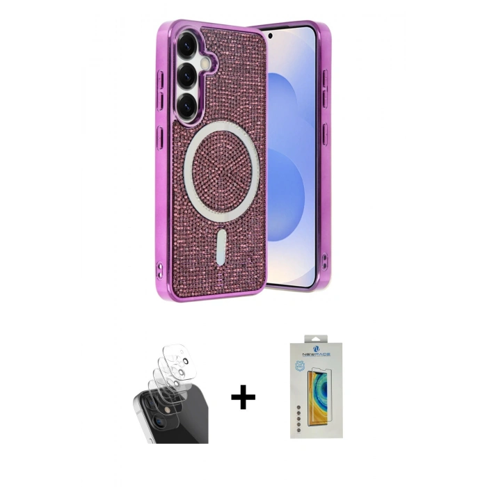 MARSİLYAN™- Galaxy S24 Kılıf Eksen Çizgi - Siyah Polymer Nano Ekran Koruyucu + Kamera Lens Koruma Cam - SF