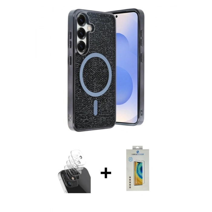 MARSİLYAN™- Galaxy S24 Kılıf Eksen Çizgi - Siyah Polymer Nano Ekran Koruyucu + Kamera Lens Koruma Cam - SF