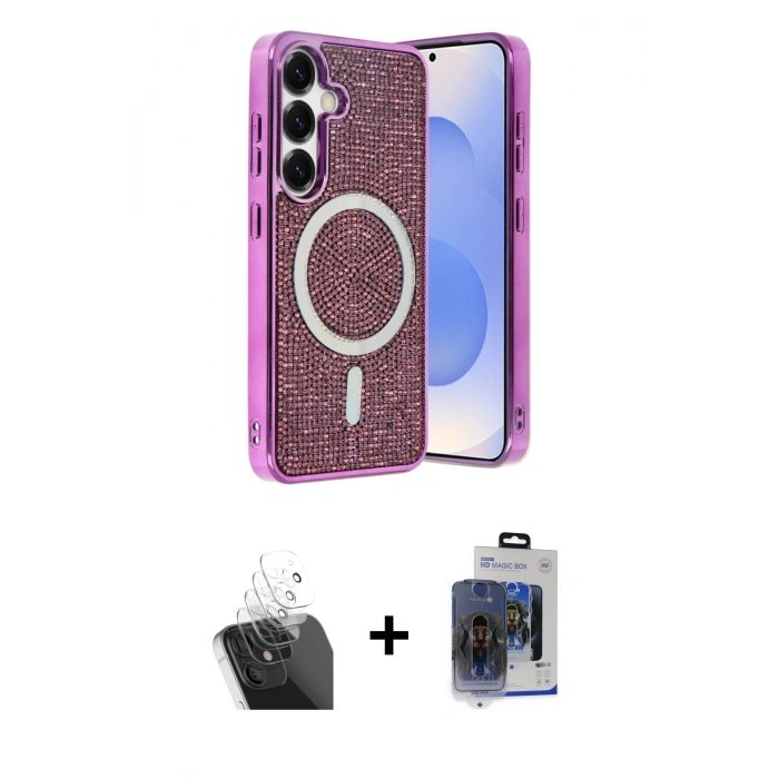 MARSİLYAN™- Galaxy S24 Kılıf Eksen Çizgi - Siyah Vanessa Magic Cam + Kamera Lens Koruma Cam - SF