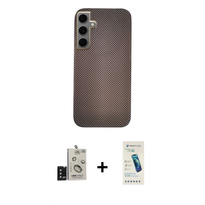 MARSİLYAN™- Galaxy S24 Kılıf Eksen Prime - Şeffaf Pasifik Cam Ekran Koruyucu + Bilvis Titan Kamera Lens - SH