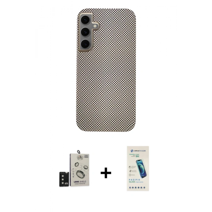 MARSİLYAN™- Galaxy S24 Kılıf Eksen Prime - Şeffaf Pasifik Cam Ekran Koruyucu + Bilvis Titan Kamera Lens - SH