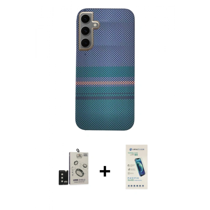 MARSİLYAN™- Galaxy S24 Kılıf Eksen Prime - Şeffaf Pasifik Cam Ekran Koruyucu + Bilvis Titan Kamera Lens - SH
