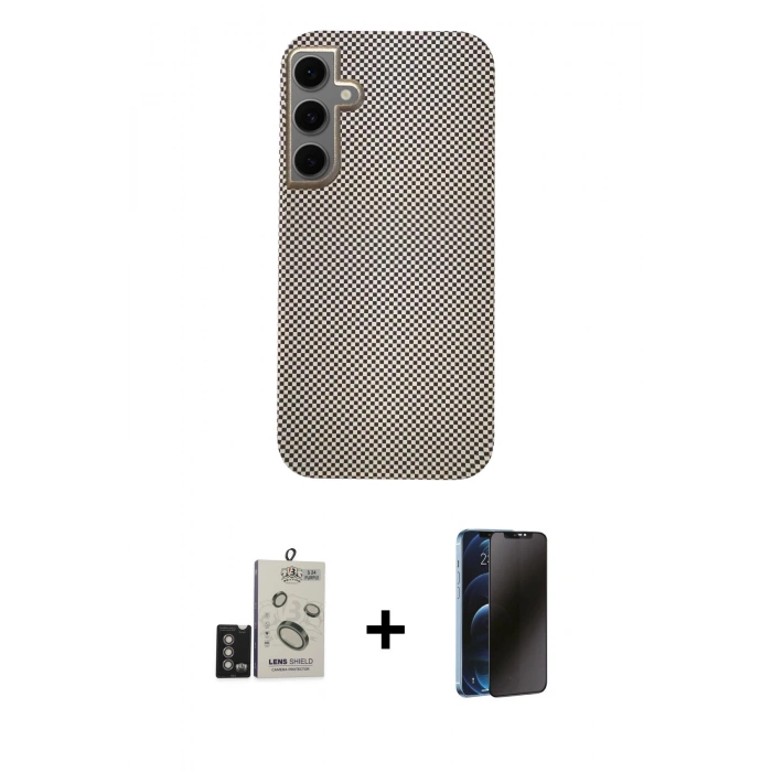 MARSİLYAN™- Galaxy S24 Kılıf Eksen Prime - Siyah 3D Antistatik Hayalet Cam Ekran Koruyucu + Derin Mor Bilvis Titan Kamera Lens