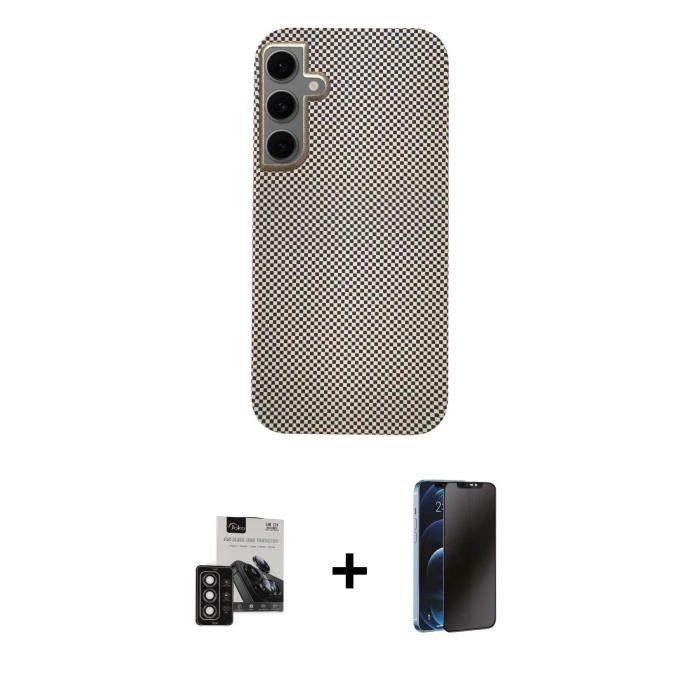 MARSİLYAN™- Galaxy S24 Kılıf Eksen Prime - Siyah 3D Antistatik Hayalet Cam Ekran Koruyucu + PVD Metal Kamera Lens - DNMR