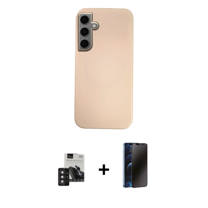 MARSİLYAN™- Galaxy S24 Kılıf Eksen Prime - Siyah 3D Antistatik Hayalet Cam Ekran Koruyucu + PVD Metal Kamera Lens - DNMR
