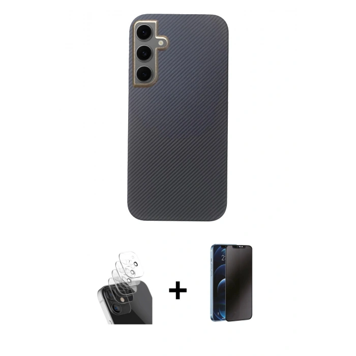 MARSİLYAN™- Galaxy S24 Kılıf Eksen Prime - Siyah 3D Antistatik Hayalet Cam Ekran Koruyucu + Kamera Lens Koruma Cam - SF