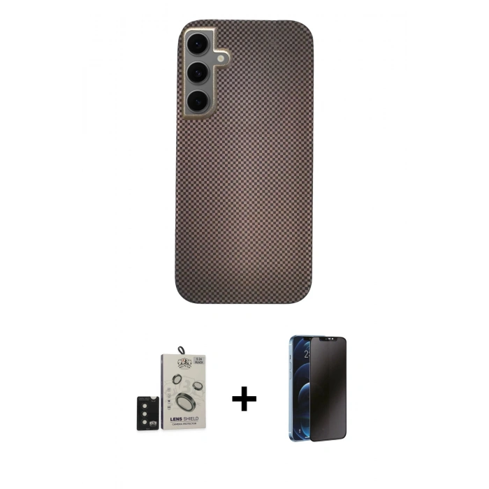 MARSİLYAN™- Galaxy S24 Kılıf Eksen Prime - Siyah 3D Antistatik Hayalet Cam Ekran Koruyucu + Bilvis Titan Kamera Lens - SH