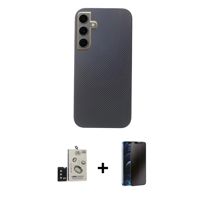MARSİLYAN™- Galaxy S24 Kılıf Eksen Prime - Siyah 3D Antistatik Hayalet Cam Ekran Koruyucu + Bilvis Titan Kamera Lens - SH