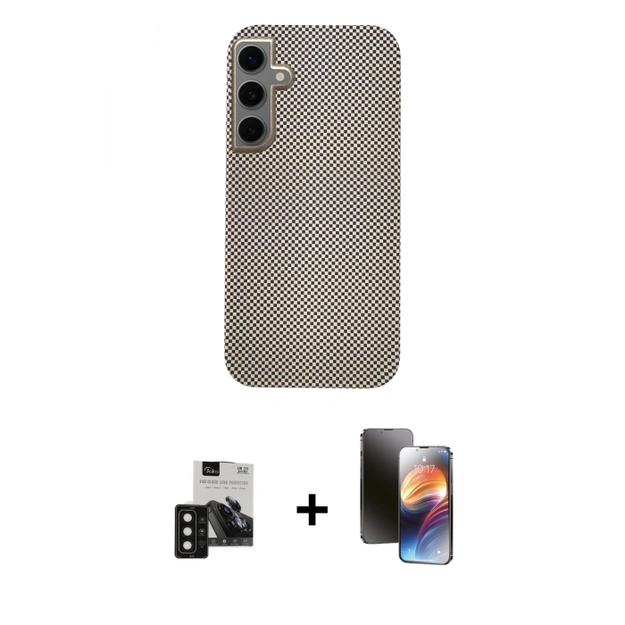 MARSİLYAN™- Galaxy S24 Kılıf Eksen Prime - Siyah 3D Antistatik Mat Seramik Nano Ekran Koruyucu + PVD Metal Kamera Lens - SH