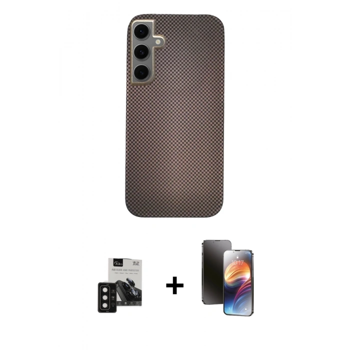 MARSİLYAN™- Galaxy S24 Kılıf Eksen Prime - Siyah 3D Antistatik Mat Seramik Nano Ekran Koruyucu + PVD Metal Kamera Lens - SH