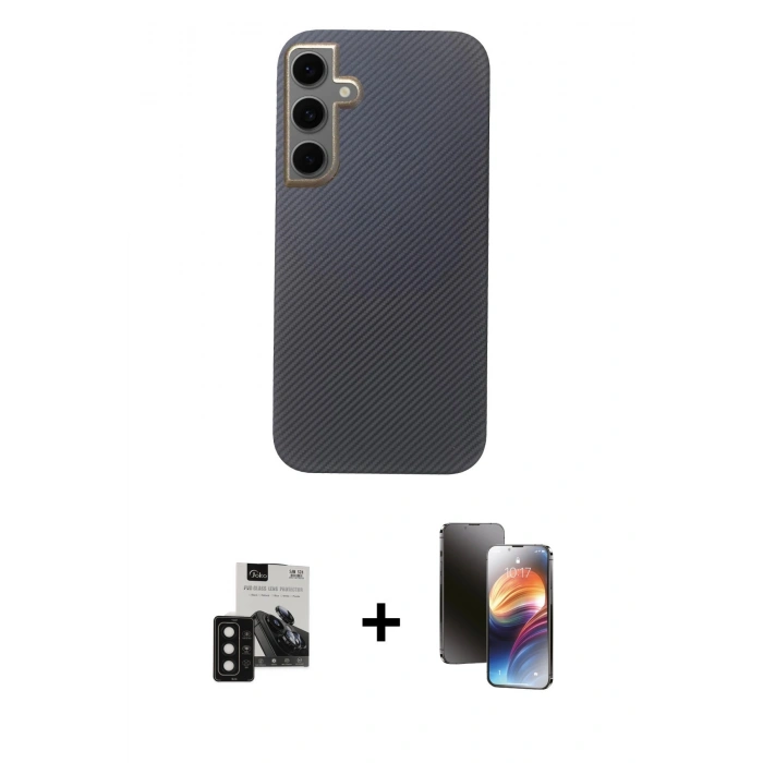 MARSİLYAN™- Galaxy S24 Kılıf Eksen Prime - Siyah 3D Antistatik Mat Seramik Nano Ekran Koruyucu + PVD Metal Kamera Lens - SH