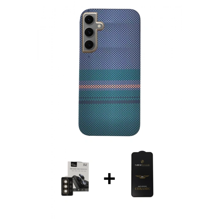 MARSİLYAN™- Galaxy S24 Kılıf Eksen Prime - Siyah 6D Antistatik Mat Seramik Hayalet Nano Ekran Koruyucu + Gold PVD Metal Kamera Lens