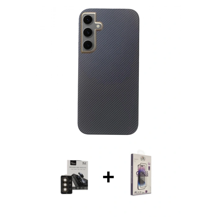 MARSİLYAN™- Galaxy S24 Kılıf Eksen Prime - Siyah Bilvis 3D Cam Ekran Koruyucu + PVD Metal Kamera Lens - GD