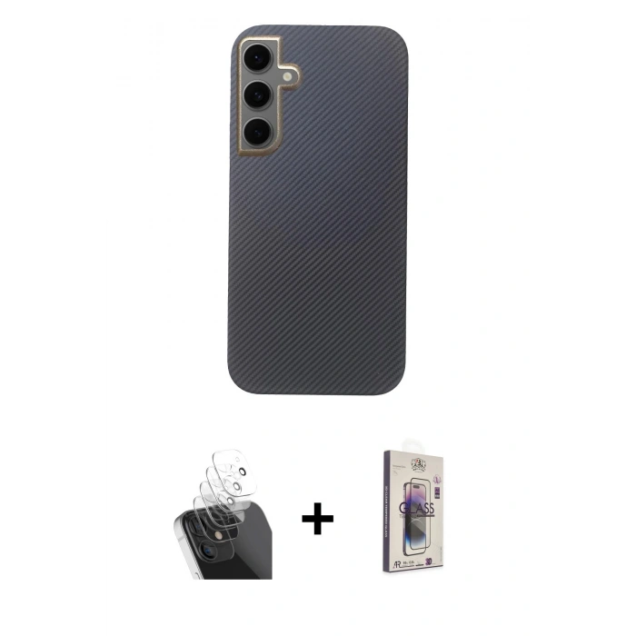 MARSİLYAN™- Galaxy S24 Kılıf Eksen Prime - Siyah Bilvis 3D Cam Ekran Koruyucu + Kamera Lens Koruma Cam - SF