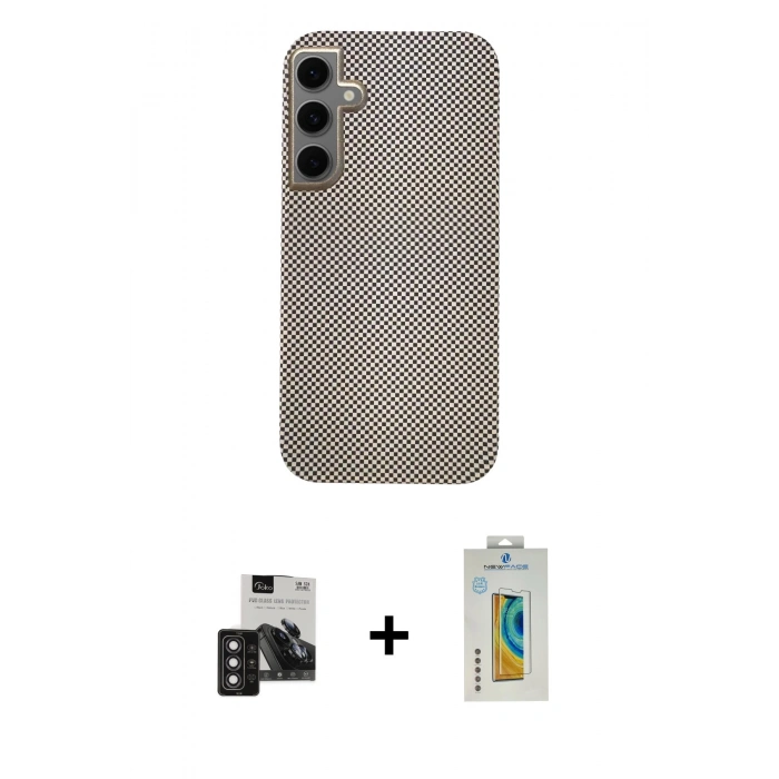MARSİLYAN™- Galaxy S24 Kılıf Eksen Prime - Siyah Polymer Nano Ekran Koruyucu + PVD Metal Kamera Lens - DNMR