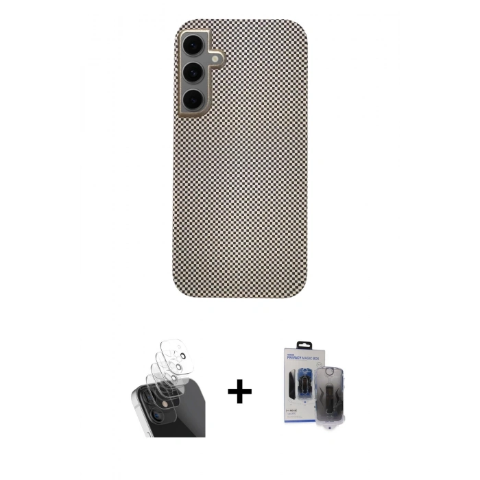 MARSİLYAN™- Galaxy S24 Kılıf Eksen Prime - Siyah Vanessa Magic Hayalet Cam + Şeffaf Kamera Lens Koruma Cam