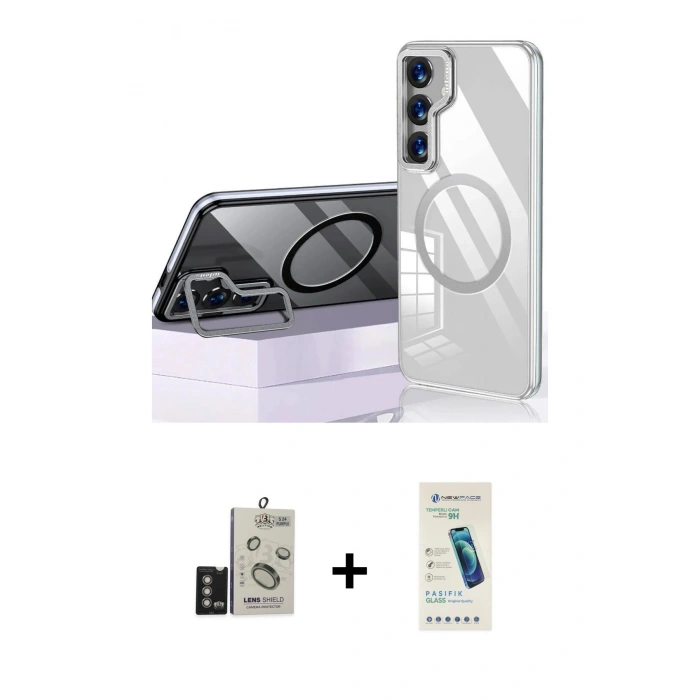 MARSİLYAN™- Galaxy S24 Kılıf Nova Doku - Şeffaf Pasifik Cam Ekran Koruyucu + Derin Mor Bilvis Titan Kamera Lens