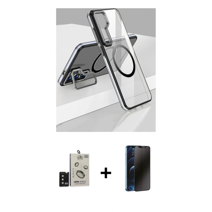 MARSİLYAN™- Galaxy S24 Kılıf Nova Doku - Siyah 3D Antistatik Hayalet Cam Ekran Koruyucu + Bilvis Titan Kamera Lens - SH
