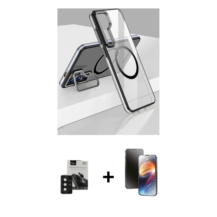 MARSİLYAN™- Galaxy S24 Kılıf Nova Doku - Siyah 3D Antistatik Mat Seramik Nano Ekran Koruyucu + PVD Metal Kamera Lens - SH