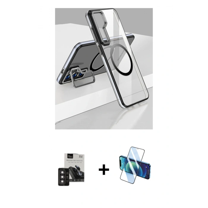 MARSİLYAN™- Galaxy S24 Kılıf Nova Doku - Siyah 3D Antistatik Seramik Nano Ekran Koruyucu + PVD Metal Kamera Lens - DNMR