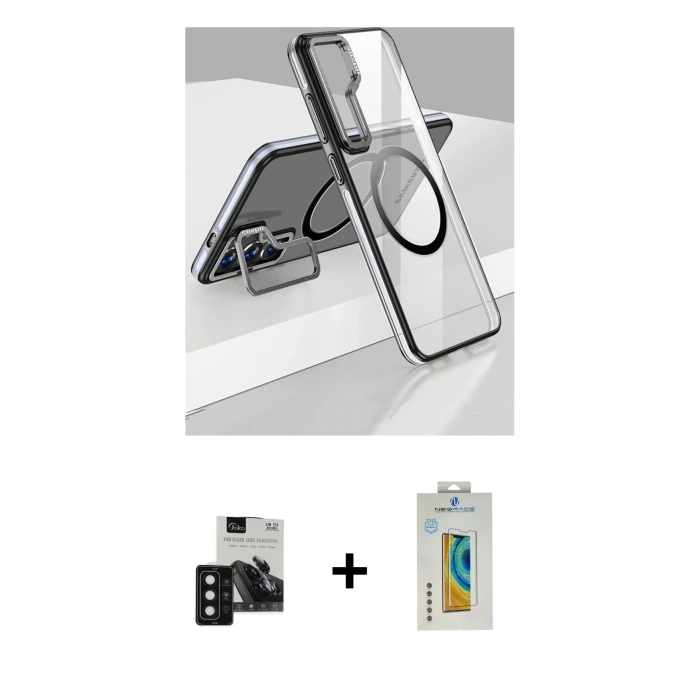 MARSİLYAN™- Galaxy S24 Kılıf Nova Doku - Siyah Polymer Nano Ekran Koruyucu + PVD Metal Kamera Lens - SH