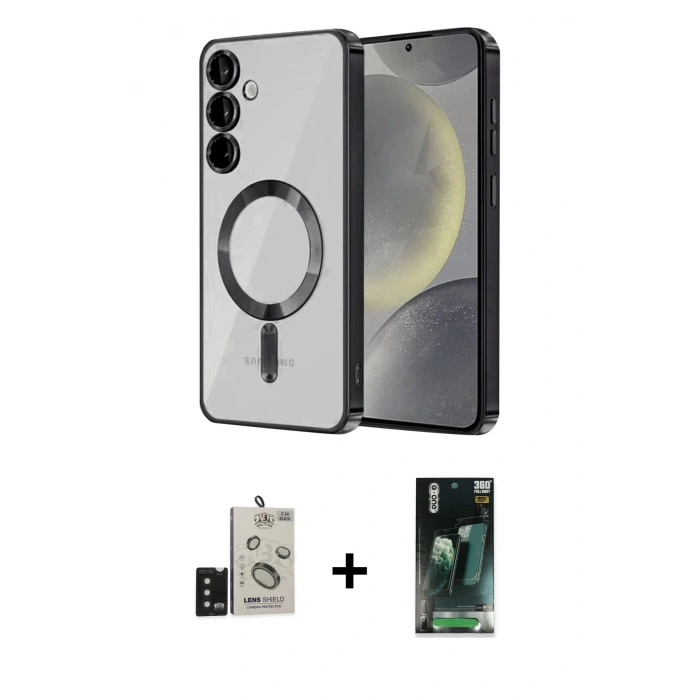 MARSİLYAN™- Galaxy S24 Kılıf Nova Işık Özel Seri - Şeffaf 360 Full Body Arka Koruyucu + Bilvis Titan Kamera Lens - SH