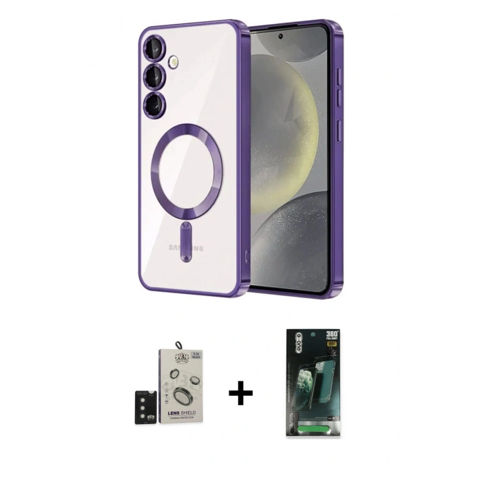 MARSİLYAN™- Galaxy S24 Kılıf Nova Işık Özel Seri - Şeffaf 360 Full Body Arka Koruyucu + Bilvis Titan Kamera Lens - SH